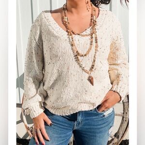 WILDFOX distressed chunky knit sweater oversized XS oatmeal flecked